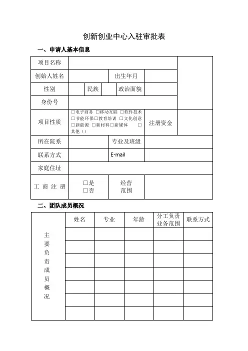 创新创业中心入驻审批表