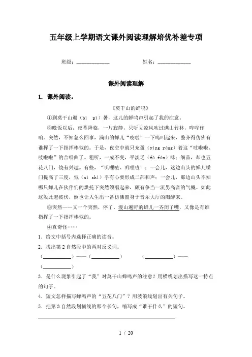 五年级上学期语文课外阅读理解培优补差专项
