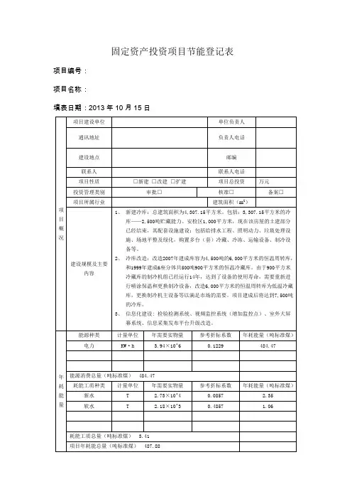 固定资产投资项目节能登记表