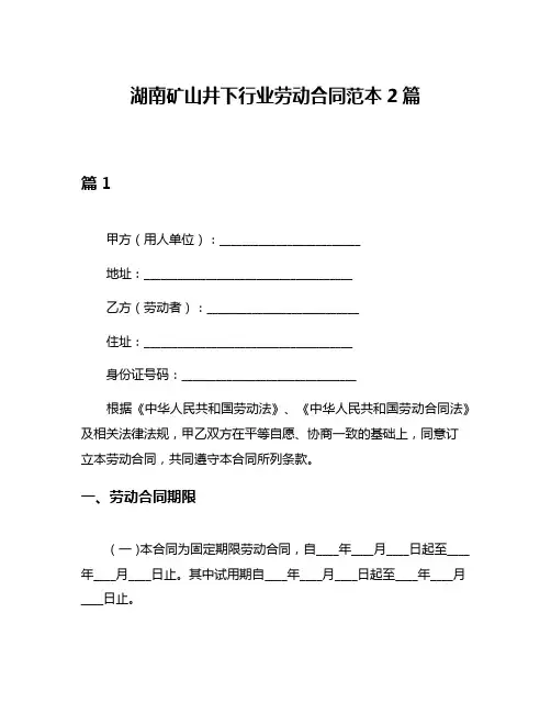 湖南矿山井下行业劳动合同范本2篇