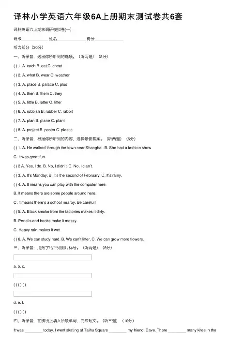 译林小学英语六年级6A上册期末测试卷共6套
