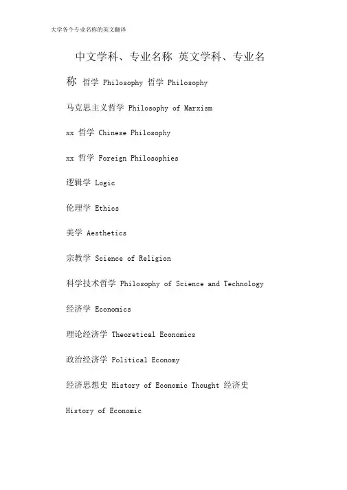 大学各个专业名称的英文翻译