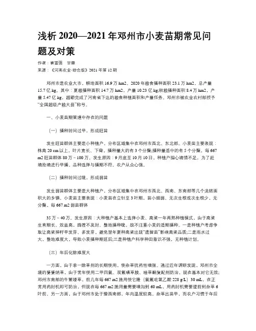 浅析2020—2021年邓州市小麦苗期常见问题及对策