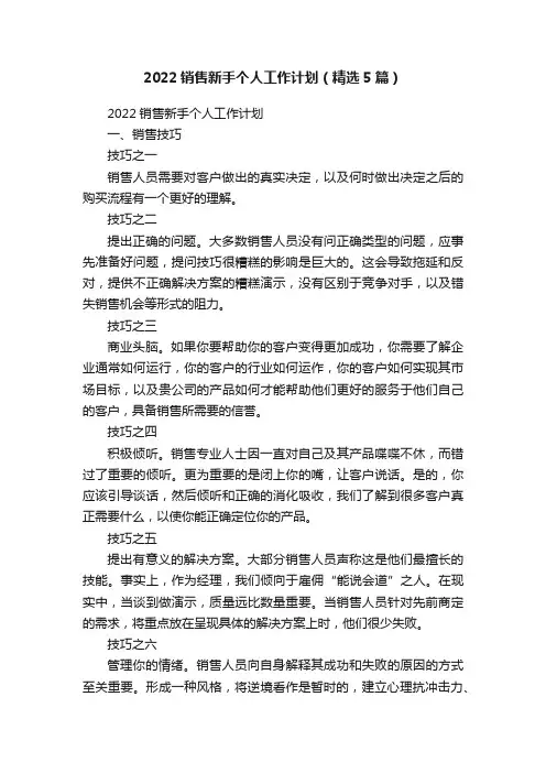 2022销售新手个人工作计划（精选5篇）