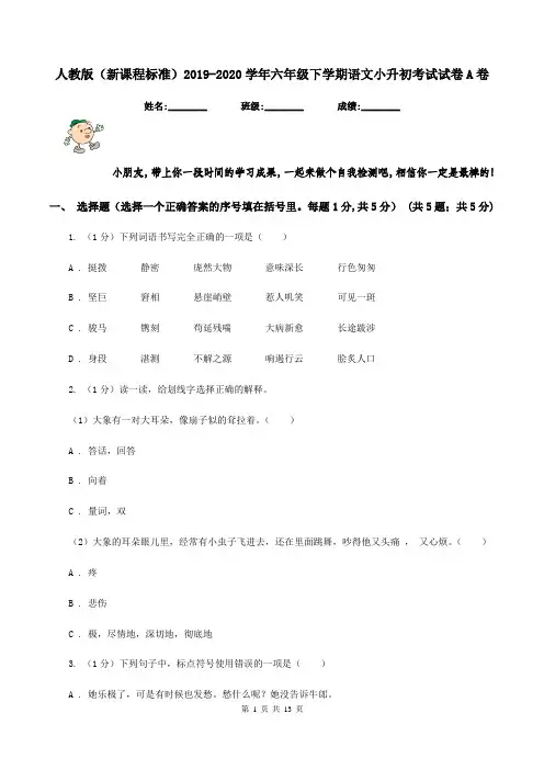 人教版(新课程标准)2019-2020学年六年级下学期语文小升初考试试卷A卷