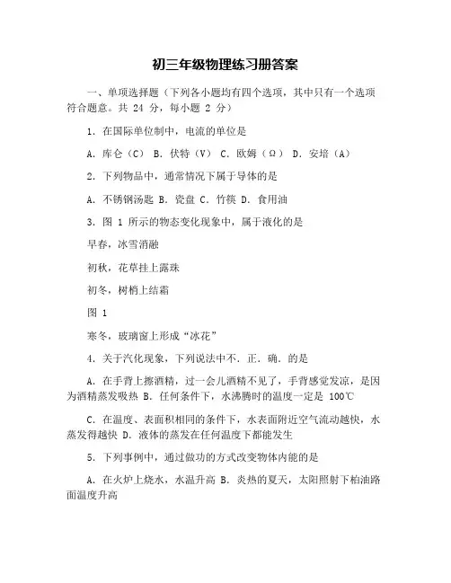 初三年级物理练习册答案