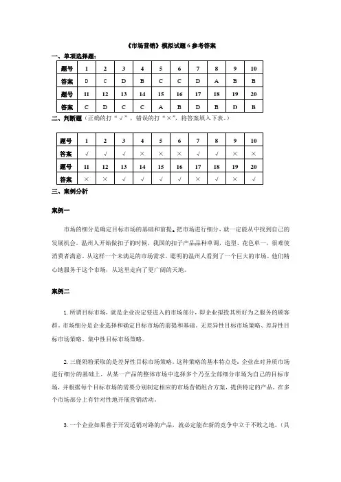 市场营销模拟试题6参考答案