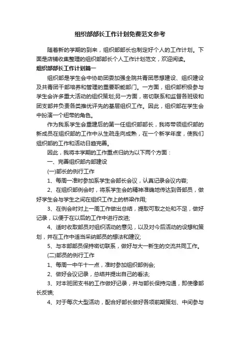 组织部部长工作计划免费范文参考