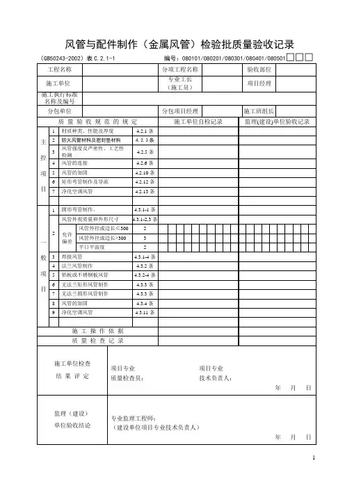 风管与配件制作(金属风管)检验批质量验收记录