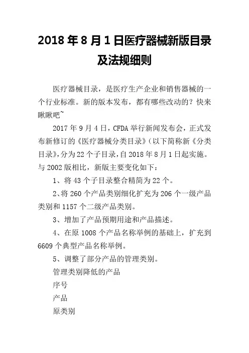 2018年8月1日医疗器械新版目录及法规细则