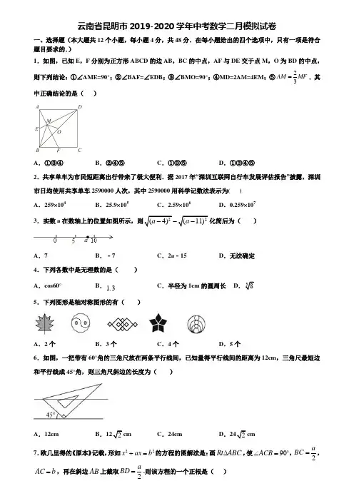 云南省昆明市2019-2020学年中考数学二月模拟试卷含解析