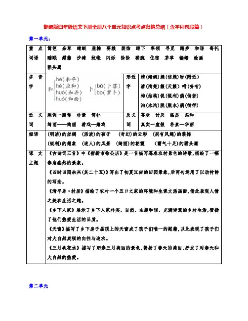 部编版四年级语文下册全册八个单元知识点考点总结归纳(含字词句段篇)