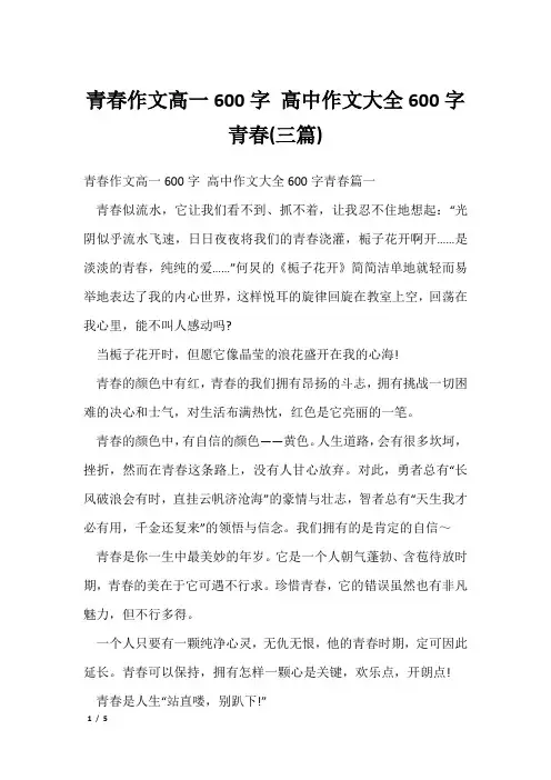 青春作文高一600字 高中作文大全600字青春(三篇)