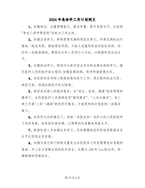 2024年急诊科工作计划例文（五篇）