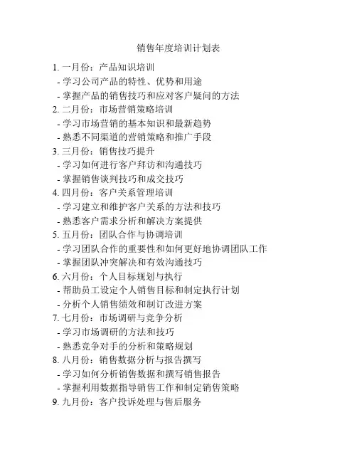 销售年度培训计划表