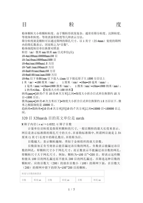 粉体细度粒径单位换算对照表