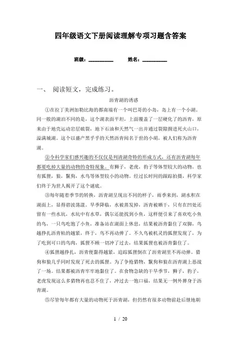 四年级语文下册阅读理解专项习题含答案