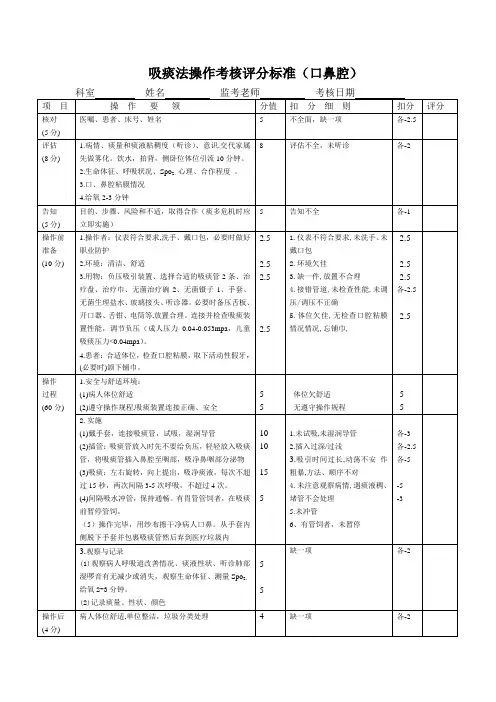 吸痰法操作流程及评分标准(口鼻腔)