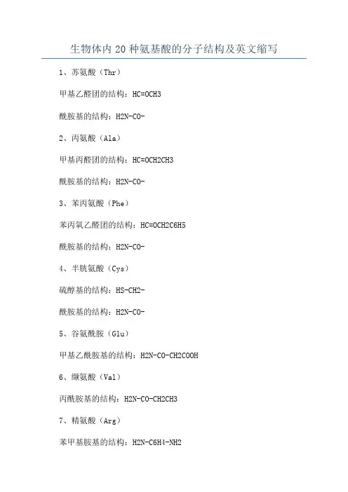 生物体内20种氨基酸的分子结构及英文缩写