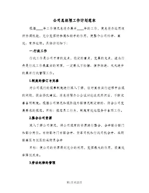 公司总经理工作计划范本（5篇）