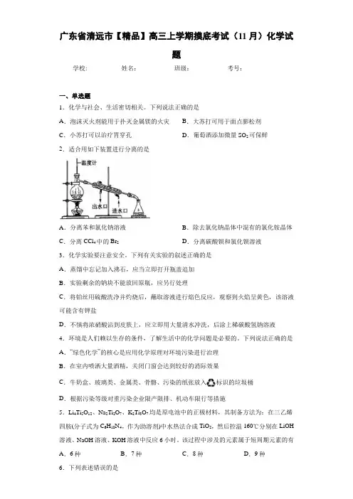 高三上学期摸底考试(11月)化学试题(答案解析)