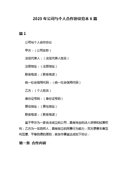 2023年公司与个人合作协议范本6篇