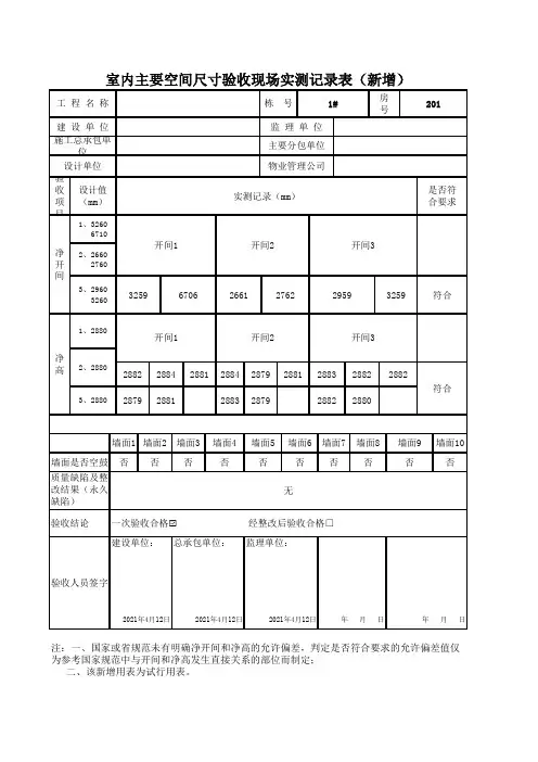 室内主要空间尺寸验收现场实测记录表