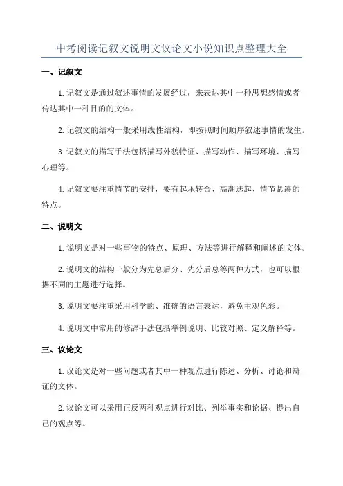 中考阅读记叙文说明文议论文小说知识点整理大全
