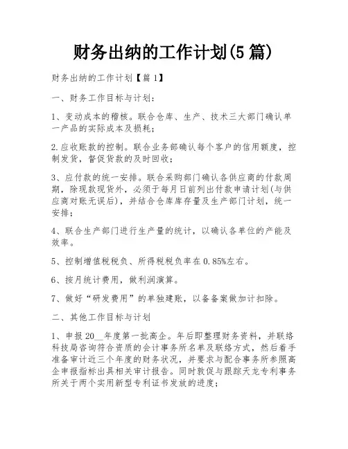 财务出纳的工作计划(5篇)