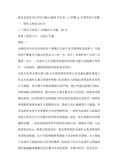 湖北省武汉市江岸区2024-2025学年高三上学期11月调考语文试题(含答案)
