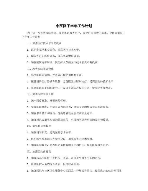 中医院下半年工作计划