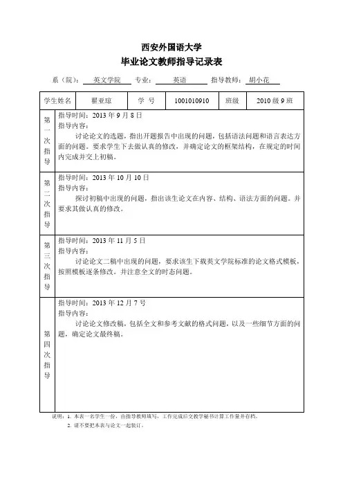 毕业论文教师指导记录表