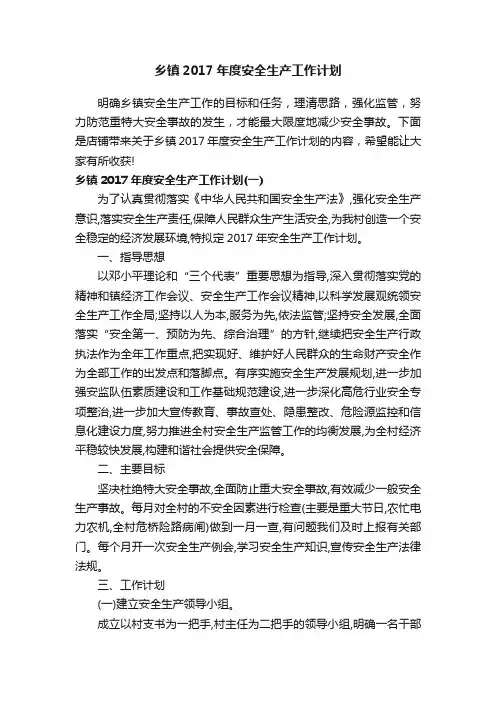 乡镇2017年度安全生产工作计划