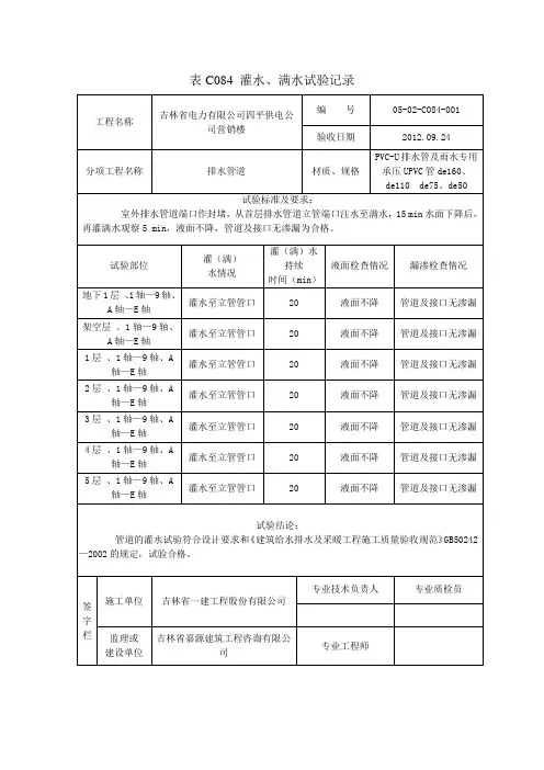 四平供电排水表C084 灌水、满水试验记录