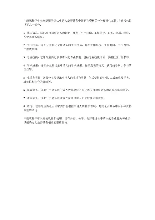 中级职称评审表格