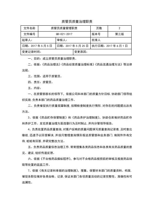 GSP质量手册部门或职位职责质管员质量职责