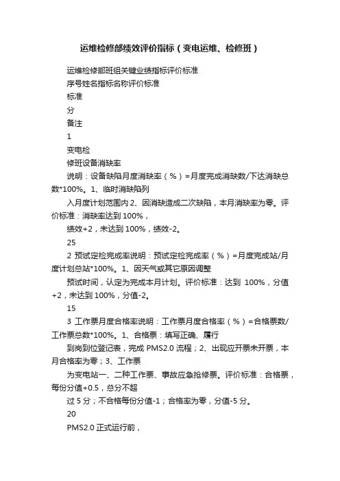 运维检修部绩效评价指标（变电运维、检修班）