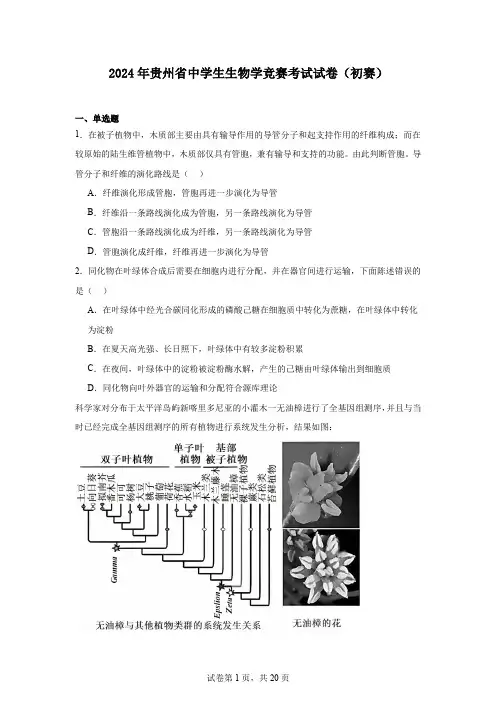 2024年贵州省中学生生物学竞赛考试试卷(初赛)