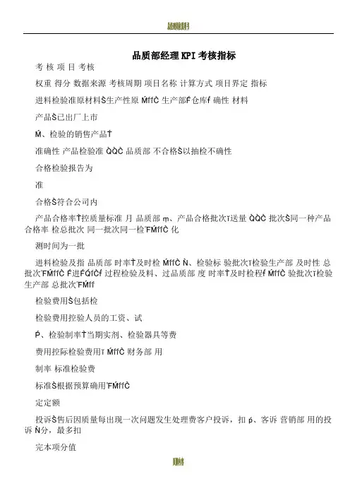 品质部经理KPI考核指标