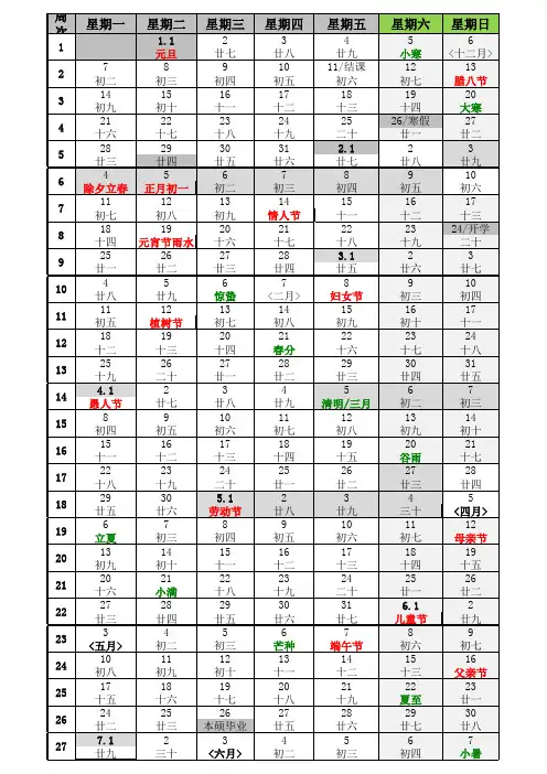 2019年日历(含农历节气节假日周次)