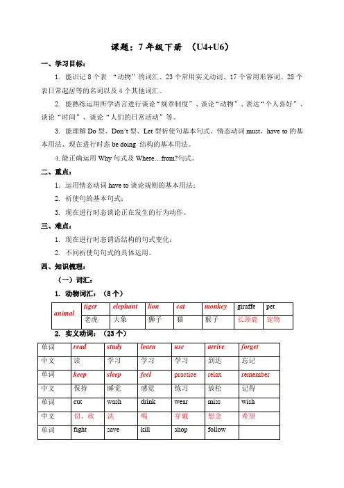 2020届中考英语七年级下册Unit 4--6知识提纲