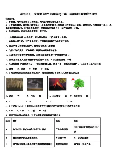 河南省天一大联考2025届化学高三第一学期期中联考模拟试题含解析