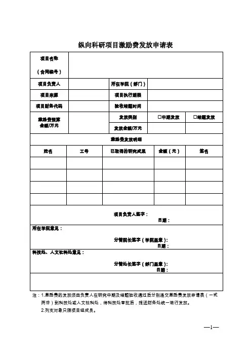 纵向科研项目激励费发放申请表