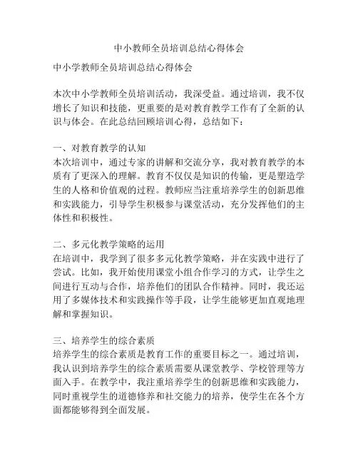 中小教师全员培训总结心得体会