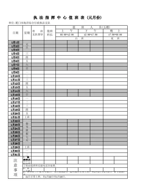 值班表范本