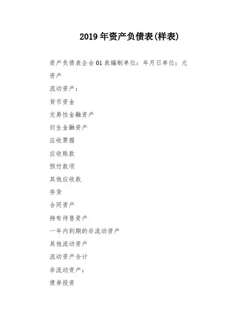 2019年资产负债表(样表)