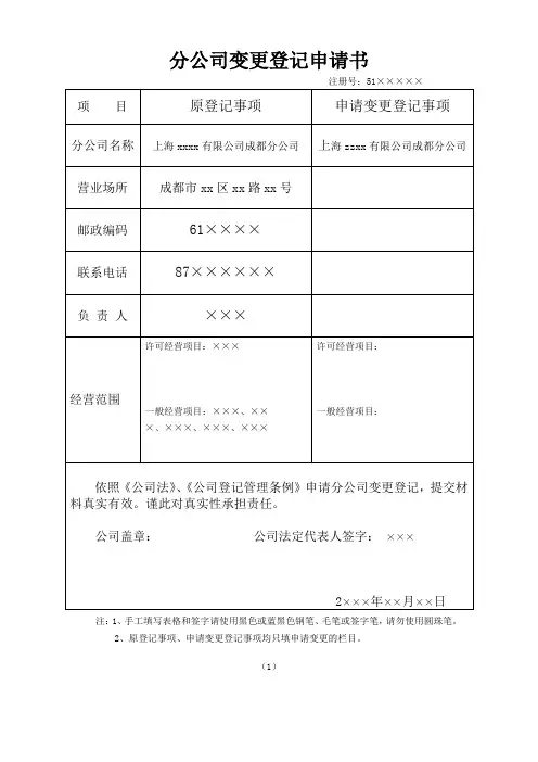 分公司变更登记申请书(样表)