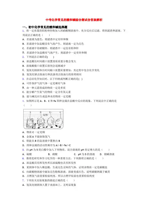 中考化学常见的酸和碱综合测试含答案解析