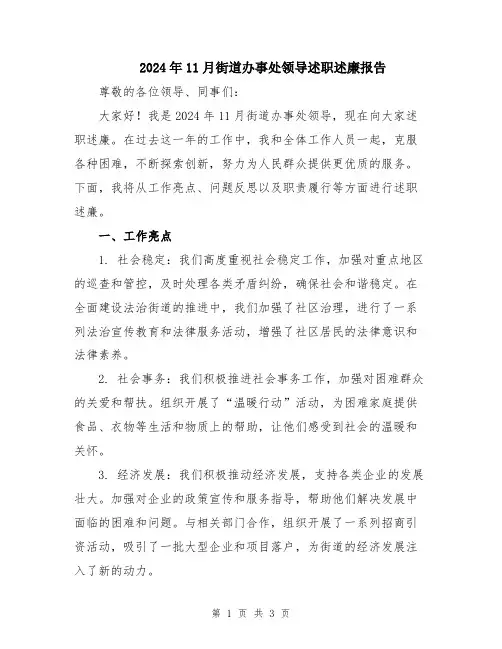 2024年11月街道办事处领导述职述廉报告