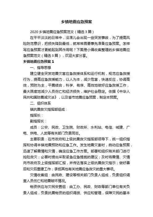2020乡镇地震应急预案范文（精选3篇）